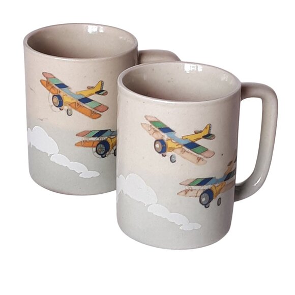Set Of 2 Otagiri Coffee Mugs Vintage Biplane Design Beige Tones & Cloud Accents - Picture 1 of 8
